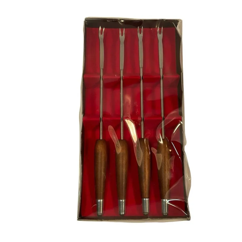 Ernest Sohn Fondue Forks Stainless Steel Teak Wood Set Of 4 MCM Mid Century NOS